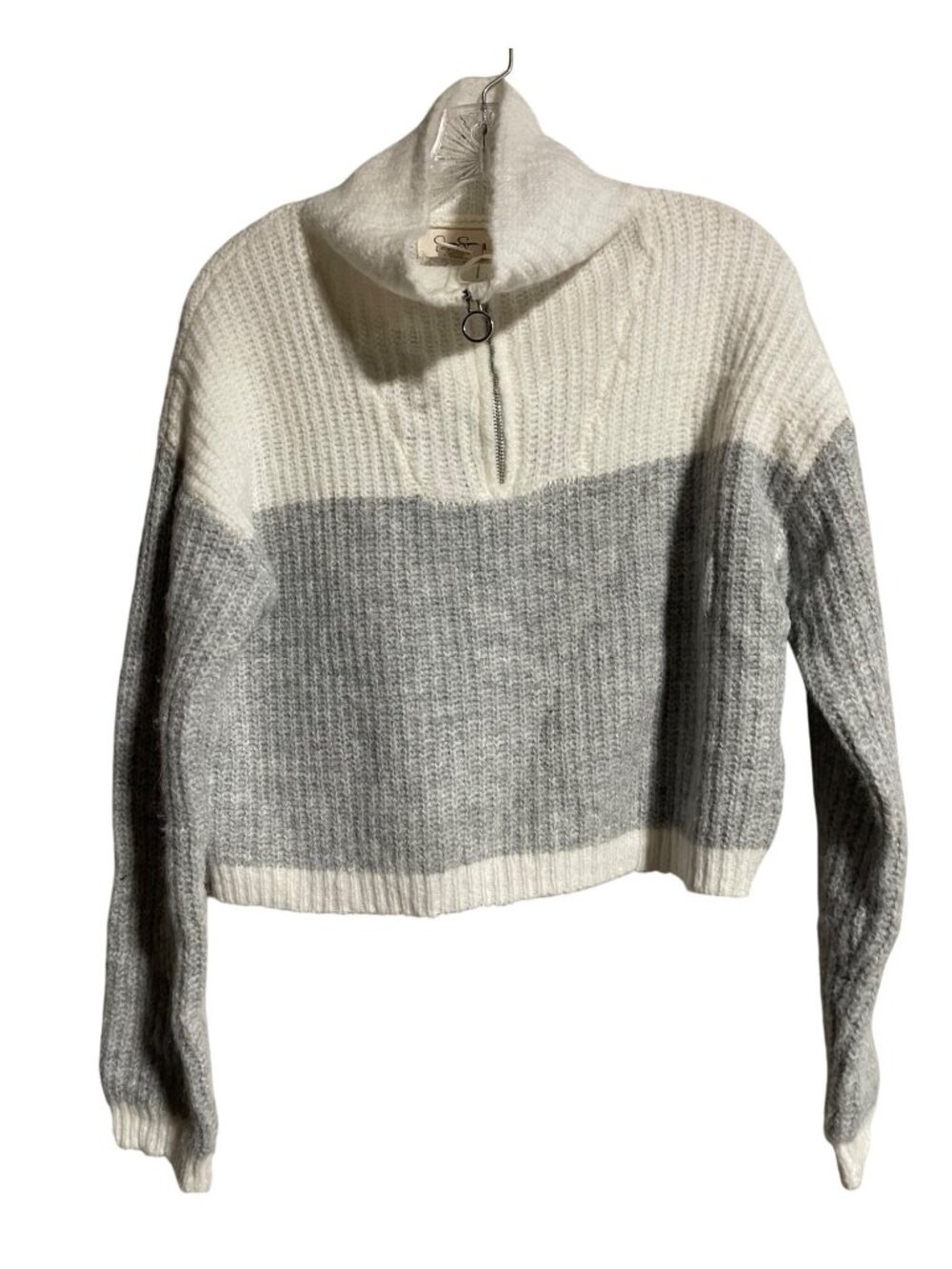 Jessica Simpson Cropped Ribbed Knit Sweater Womens Small White/Gray Wool Blend